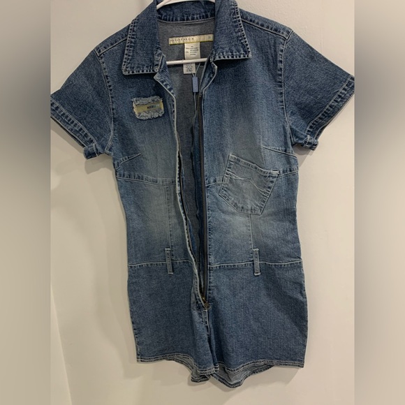 Azzure Denim Jumpsuit Shorts with Frayed Patch Accent - Picture 2 of 14